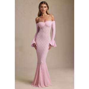 Oh Polly Off-Shoulder Ruffle Lace Maxi Dress in Soft Pink Size SS